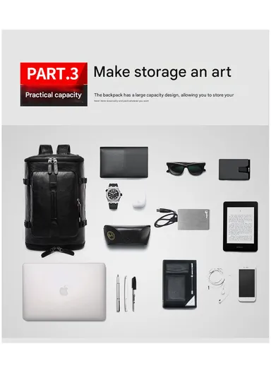 Water-Resistant PU Versatile Backpack Multi-Functional Travel Bag with Trolley Sleeve &amp; Laptop Compartment 8184 F8 - Black