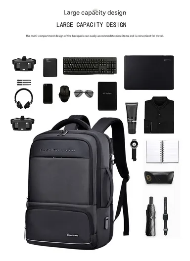 17" Laptop Backpack Multi-Functional Travel Bag With USB Charging Port &amp; Padded Straps SL73 - Black