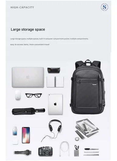 17" Water-Resistant Laptop Backpack Business Casual Bag with Trolley Sleeve &amp; Anti-Theft Buckles EF92M - Black