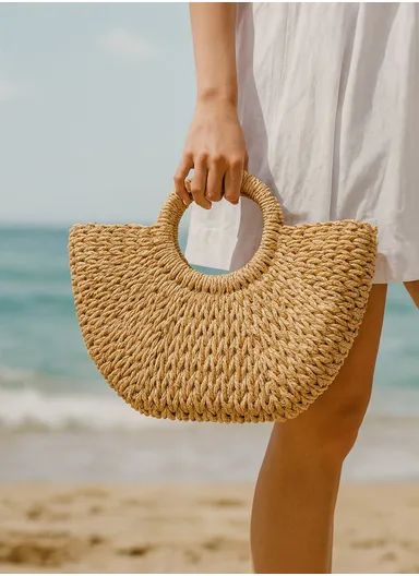 Woven Straw Hand Bag with Braided Shoulder Strap &amp; Drawstring Closure - Brown