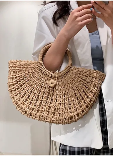 Brown Woven Straw Tote Bag with Circular Handles &amp; Drawstring Closure