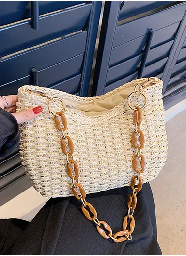 Woven Straw Shoulder Bag with Brown &amp; Gold Chain Strap - Beige