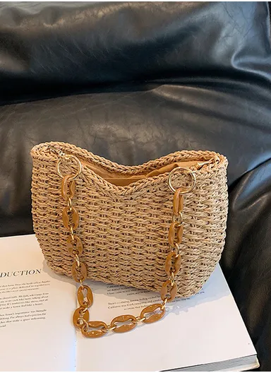 Woven Straw Shoulder Bag with Brown &amp; Gold Chain Strap - Brown
