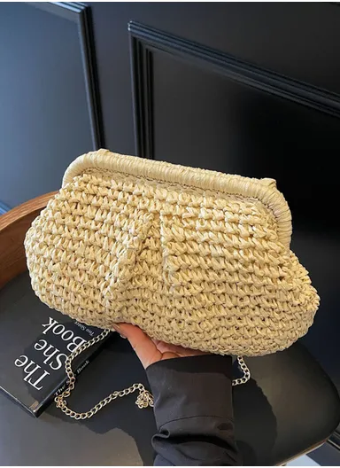 Women's Crossbody Woven Bag with Removable Gold Shoulder Strap - Beige