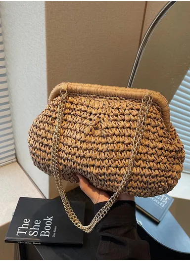 Women's Crossbody Woven Bag with Removable Gold Shoulder Strap - Brown