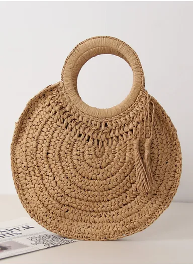 Women's Round Straw Handbag with Circle Handle &amp; Tassel - Brown