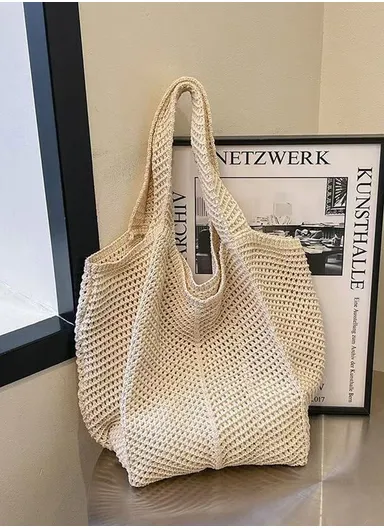 Women's Open Weave Crochet Tote Bag - Beige