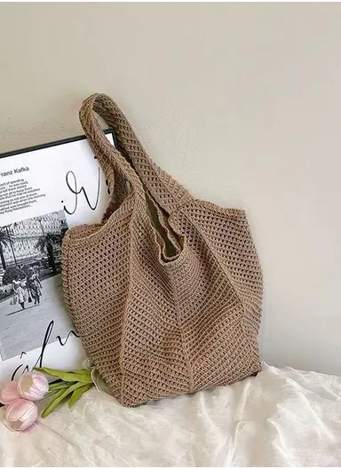 Women's Open Weave Crochet Tote Bag - Brown