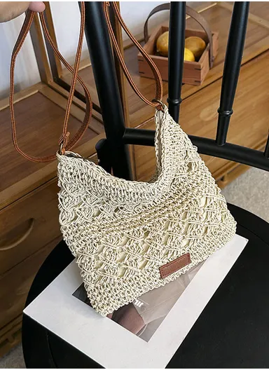 Lightweight Woven Straw Hobo Bag with Adjustable Leather Strap - Beige