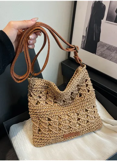 Lightweight Woven Straw Hobo Bag with Adjustable Leather Strap - Brown