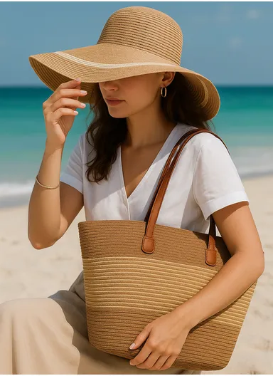 2 Pcs Woven Straw Two-Tone Crossbody Bag &amp; Sun Hat