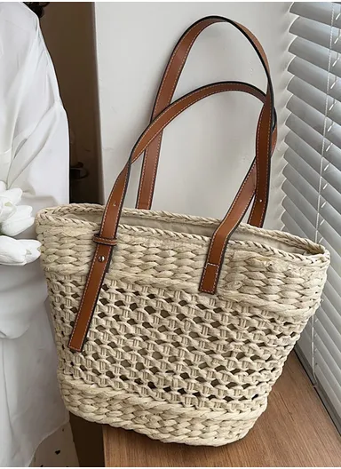 Versatile Woven Straw Tote Bag with Brown Faux Leather Handles - Beige