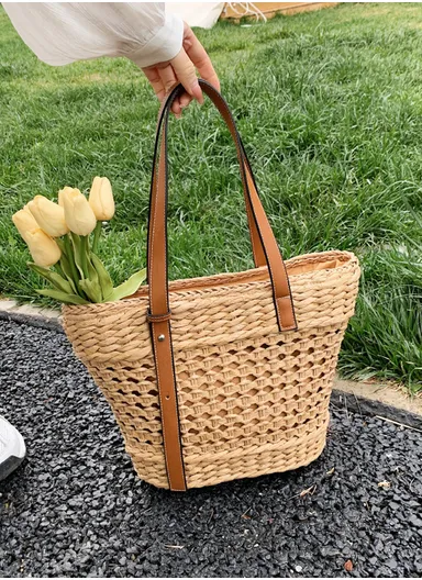 Versatile Woven Straw Tote Bag with Brown Faux Leather Handles - Brown