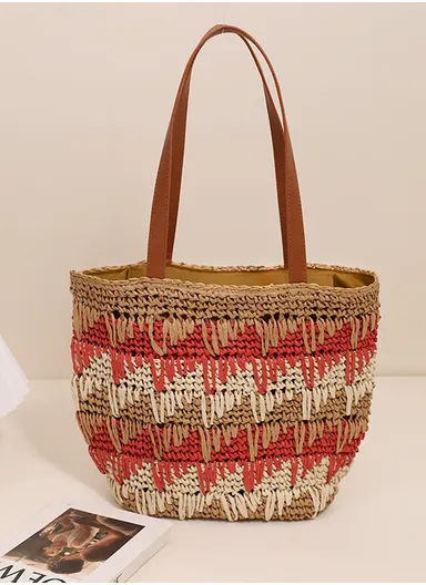 Zig-Zag Pattern Woven Straw Tote Bag Women's Casual Beach Handbag - Red