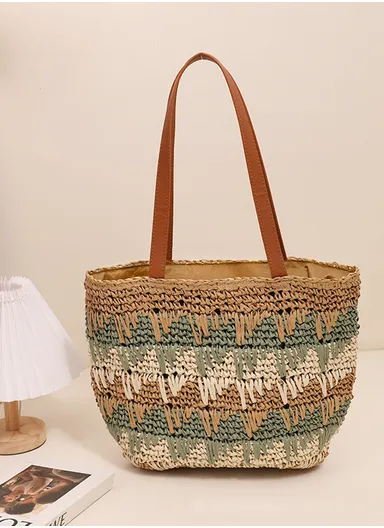 Zig-Zag Pattern Woven Straw Tote Bag Women's Casual Beach Handbag - Green