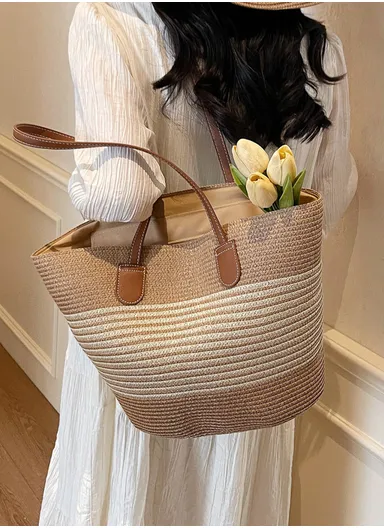 Woven Straw Tote Bag Women's Casual Beach Handbag - Beige