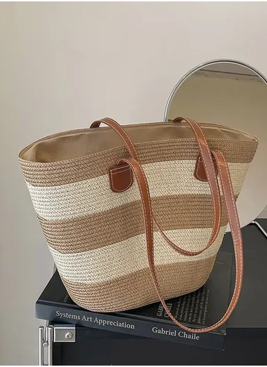 Woven Straw Tote Bag Women's Casual Beach Handbag - Brown