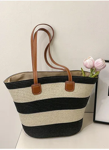 Woven Straw Tote Bag Women's Casual Beach Handbag - Black