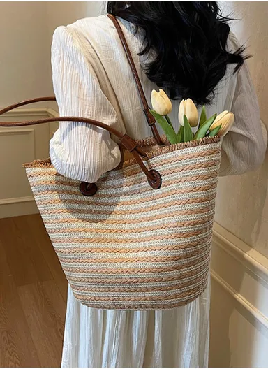 Two-Tone Woven Straw Tote Bag Casual Beach Handbag - Brown