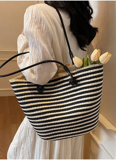 Two-Tone Woven Straw Tote Bag Casual Beach Handbag - Black