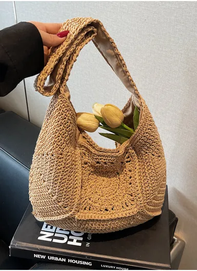Women's Fashionable Woven Bag Versatile Vacation Hollow Crochet - Brown