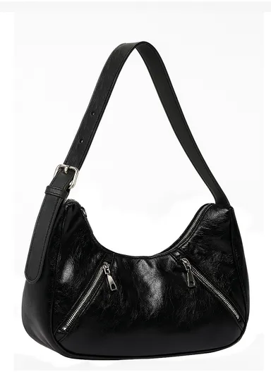 Vintage Women Half Moon Shoulder Bag with Adjustable Strap - Black