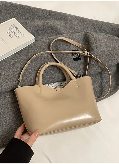 Elegant PU Leather Handbag Top-Handle Purse with Removable Shoulder Strap &amp; Inner Purse- Beige