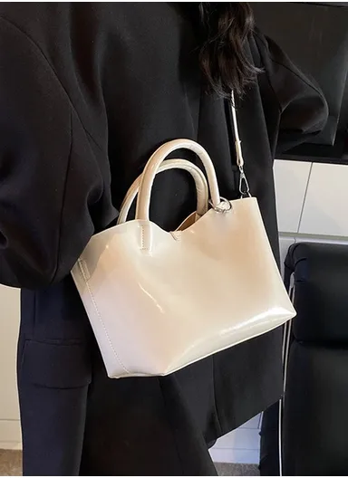 Elegant PU Leather Handbag Top-Handle Purse with Removable Shoulder Strap &amp; Inner Purse- White