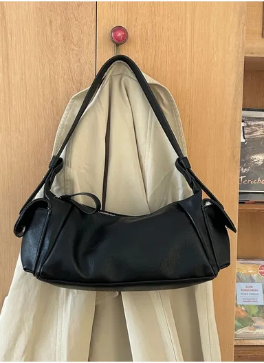 Soft Slouchy Shoulder Bag with Integrated Side Pockets, Stylish Work &amp; Casual Carry - Black