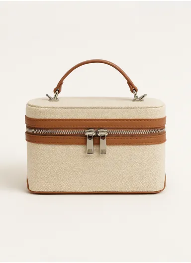 Chic Mini Box Bag Two-Tone Canvas &amp; PU Leather Handbag with Detachable Chain Shoulder Strap - Camel
