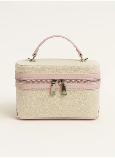 Chic Mini Box Bag Two-Tone Canvas &amp; PU Leather Handbag with Detachable Chain Shoulder Strap - Pink