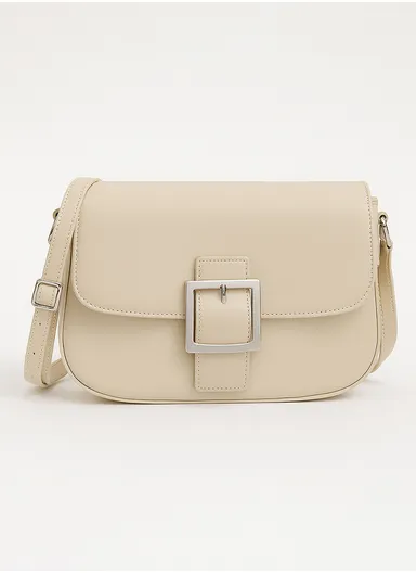 Classic Flap Shoulder Bag with Large Front Buckle, Adjustable Strap &amp; Magnetic Closure - Beige