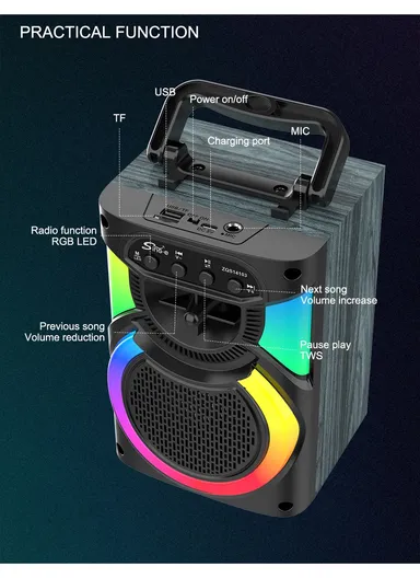 4" Multi-function Bluetooth Speaker 5W Single Amplifier Drives a Colorful Audio World with Wired Microphone ZQS14103 - Black