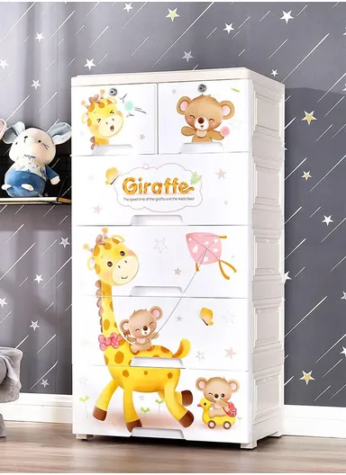 5-Tier 4 Big &amp; 2 Small Lockable Drawers Giraffe &amp; Bear Design Children's Plastic Storage Cabinet with Wheel Legs, Multi-Use Bedroom Cabinet Organizer 5875 (W57 x D38 x H121)cm - White