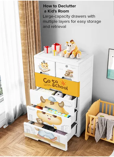 5-Tier 4 Big &amp; 2 Small Lockable Drawers Giraffe &amp; Bear Design Children's Plastic Storage Cabinet with Wheel Legs, Multi-Use Bedroom Cabinet Organizer 5875 (W57 x D38 x H121)cm - White