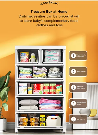 5-Tier 4 Big &amp; 2 Small Lockable Drawers Giraffe &amp; Bear Design Children's Plastic Storage Cabinet with Wheel Legs, Multi-Use Bedroom Cabinet Organizer 5875 (W57 x D38 x H121)cm - White