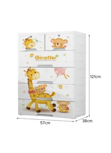 5-Tier 4 Big &amp; 2 Small Lockable Drawers Giraffe &amp; Bear Design Children's Plastic Storage Cabinet with Wheel Legs, Multi-Use Bedroom Cabinet Organizer 5875 (W57 x D38 x H121)cm - White