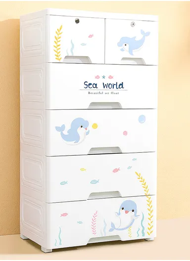 5-Tier 4 Big &amp; 2 Small Lockable Drawers Dolphin Design Children's Plastic Storage Cabinet with Wheel Legs, Multi-Use Bedroom Cabinet Organizer 5015 (W50 x D38 x H111)cm - White