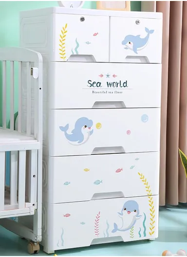 5-Tier 4 Big &amp; 2 Small Lockable Drawers Dolphin Design Children's Plastic Storage Cabinet with Wheel Legs, Multi-Use Bedroom Cabinet Organizer 5015 (W50 x D38 x H111)cm - White