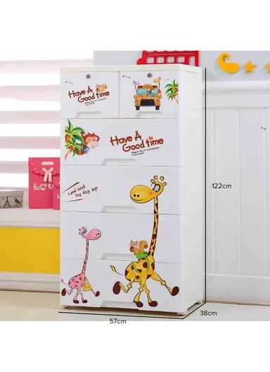 5-Tier 4 Big &amp; 2 Small Lockable Drawers, Children's Plastic Storage Cabinet , Multi-Use Bedroom Cabinet Organizer 5645 (W57 x D38 x H122)cm 