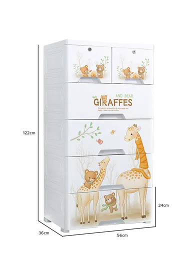 5-Tier 4 Big &amp; 2 Small Lockable Drawers Giraffe Design Children's Plastic Storage Cabinet with Wheel Legs, Multi-Use Bedroom Cabinet Organizer 5765 (W56 x D36 x H122)cm - White