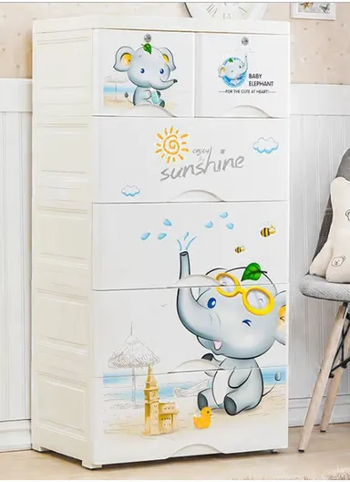 5-Tier 4 Big &amp; 2 Small Lockable Drawers Elephant Design Children's Plastic Storage Cabinet with Wheel Legs, Multi-Use Bedroom Cabinet Organizer 57D5 (W56 x D36 x H122)cm - White