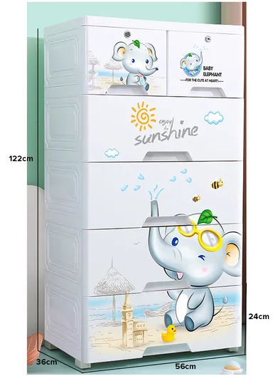 5-Tier 4 Big &amp; 2 Small Lockable Drawers Elephant Design Children's Plastic Storage Cabinet with Wheel Legs, Multi-Use Bedroom Cabinet Organizer 57D5 (W56 x D36 x H122)cm - White