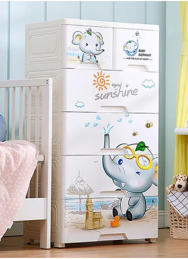 5-Tier 4 Big &amp; 2 Small Lockable Drawers Elephant Design Children's Plastic Storage Cabinet with Wheel Legs, Multi-Use Bedroom Cabinet Organizer 57D5 (W56 x D36 x H122)cm - White