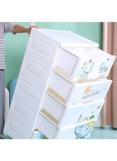 5-Tier 4 Big &amp; 2 Small Lockable Drawers Elephant Design Children's Plastic Storage Cabinet with Wheel Legs, Multi-Use Bedroom Cabinet Organizer 57D5 (W56 x D36 x H122)cm - White