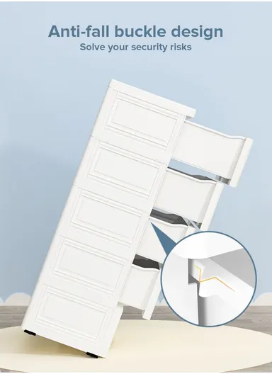 5-Tier 4 Big &amp; 2 Small Lockable Drawers Elephant Design Children's Plastic Storage Cabinet with Wheel Legs, Multi-Use Bedroom Cabinet Organizer 57D5 (W56 x D36 x H122)cm - White