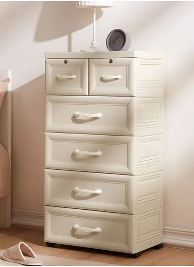 5-Tier 4 Big Drawers &amp; 2 Lockable Small Drawers Stackable Plastic Storage Cabinet Organizer with Handles, Multi-Use Divider Drawer Cabinet Storage 58115 (W57 x D38 x H120)cm - Beige