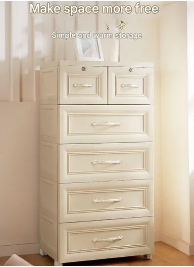 5-Tier 4 Big Drawers &amp; 2 Lockable Small Drawers Stackable Plastic Storage Cabinet Organizer with Handles, Multi-Use Divider Drawer Cabinet Storage 58115 (W57 x D38 x H120)cm - Beige