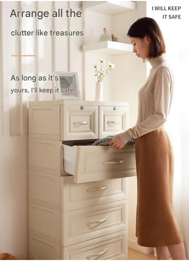 5-Tier 4 Big Drawers &amp; 2 Lockable Small Drawers Stackable Plastic Storage Cabinet Organizer with Handles, Multi-Use Divider Drawer Cabinet Storage 58115 (W57 x D38 x H120)cm - Beige