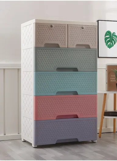 5-Tier 4 Big &amp; 2 Small Lockable Drawers Plastic Storage Cabinet with Wheel Legs, Multi-Use Bedroom Cabinet Organizer 5825 (W58 x D40 x H123.5)cm - Multicolor